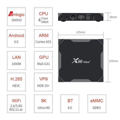 해외 무료배송 안드로이드 9.0 TV 박스 X96 맥스 플러스 Amlogice S905X3 4 기가 바이트 64 기가 바이트 8K 1000M 메디 플레이어 2.4G 및 5G 듀얼