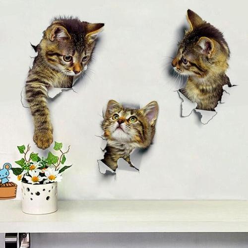 해외 무료배송 DIY 고양이 방 장식 스티커 3D 깨진 된 벽 새끼 고양이 벽 스티커 화장실 스티커 고품질 방수 3D 벽 스티커