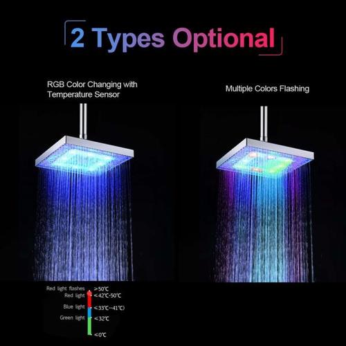 해외 무료배송 2020 새로운 LED 강우량 샤워 헤드 광장 샤워 헤드 자동으로 RGB 색상 변경 온도 센서 샤워 헤드 욕실