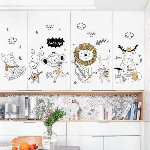 해외 무료배송 만화 동물 음악 밴드 벽 스티커 어린이 방 보육 벽화 방수 홈 도어 캐비닛 장식 포스터