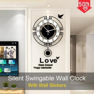 해외 무료배송 2020 스윙 아크릴 석 영 벽 스티커와 함께 침묵 벽 시계 현대 디자인 진자 시계 시계 거실 홈 장식
