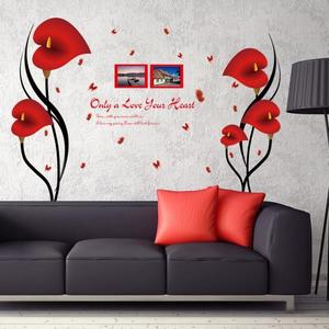 해외 무료배송 Diy 로맨틱 레드 anthurium 꽃 나비 벽 스티커 사진 프레임 따옴표 홈 장식 이동식 비닐 pvc 침실 데코 데칼